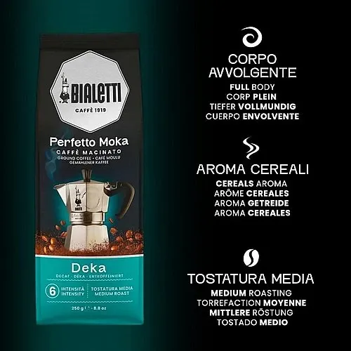 אריזת Bialetti Perfetto Moka Decaf קפה איטלקי טחון למקינטה ללא קפאין