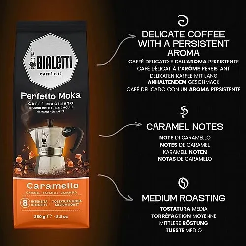 Bialetti Perfetto Moka Caramello 250g קפה איטלקי טחון למקינטה בטעם קרמל