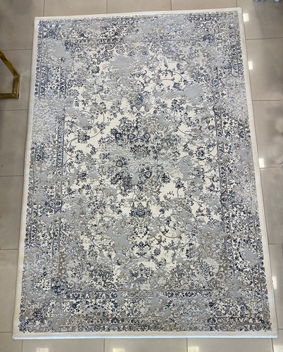 שטיח לבית דגם יוגה, רקע בז׳ - עיטורים באפור, כחול