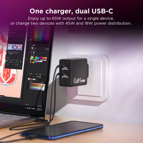 Lenovo Dual USB-C 65W GaN Charger G0A6065BEU לנובו