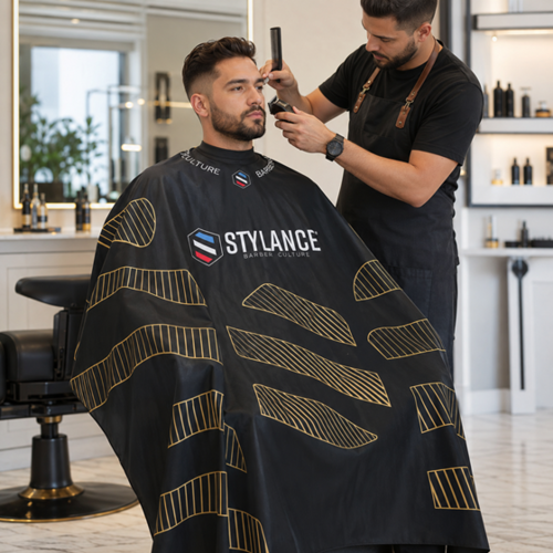 חלוק תספורת מקצועי שחור עם פסים מוזהבים STYLANCE דגם 191