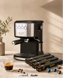 מכונת קפה SAUTER BARISTA 100 – קפסולות נספרסו וקפה טחון עם מקציף חלב | כולל 200 קפסולות מתנה
