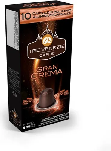 קפסולות קפה TRE VENEZIE GRAN CREMA באריזת 10 יחידות, תערובת איטלקית עם קרמה עשירה, גוף מלא וטעמי שוקולד ואגוזים