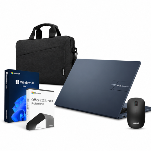 חבילה משתלמת ASUS Vivobook 14 Core 3 + Windows 11 Pro + Office 2021 Pro + עכבר + תיק