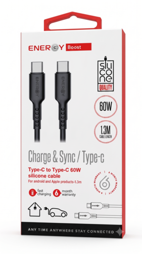 כבל Energy Type-C to Type-C 60W 1.3M שחור