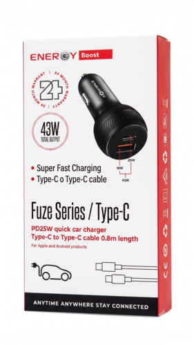 מטען רכב Energy 43W USB-C + USB-A עם כבל Type-C