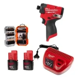מברגת אימפקט 12V + שתי סוללות 2.0AH + סט ביטים MILWAUKEE