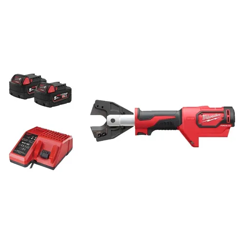 חותך כבלים הידראולי נטען 18V + שתי סוללות 5.0AH מילווקי M18 ONEHCC ACSR – קטרים וחותכי צד
