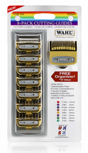 סט 8 מסרקים הגבהה מקצועיים Wahl Premium זהב עם מגש אחסון – דגם 3170-500