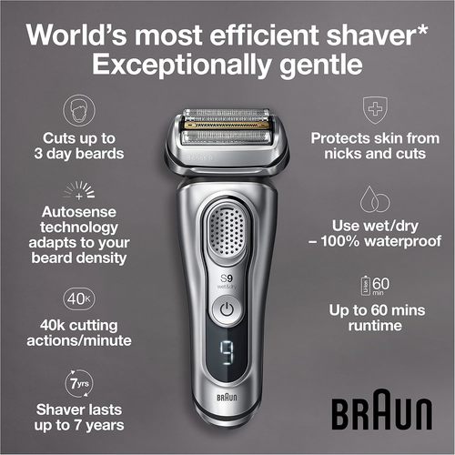 מכונת גילוח Braun Series 9 Wet & Dry עם תחנת ניקוי וטעינה דגם 9376CC – כסוף