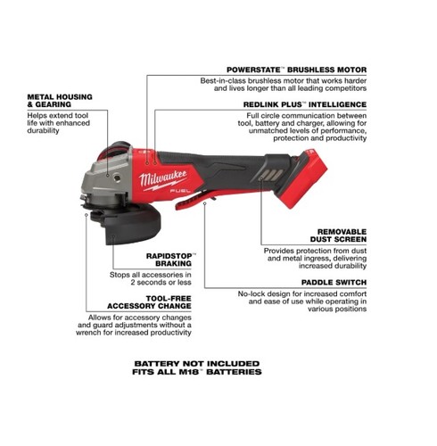 משחזת זווית נטענת Milwaukee M18 FUEL 2888-20 מהירות משתנה 4.5/5 אינץ עם בלם RAPIDSTOP גוף בלבד