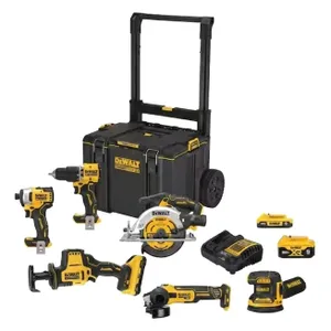 סט 6 כלים 18V + שתי סוללות 5AH וארגז טרולי DEWALT