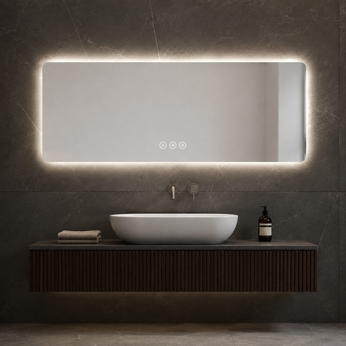 מראה מלבנית 120×60 ס״מ עם תאורת LED, מפשיר אדים ורמקולי Bluetooth