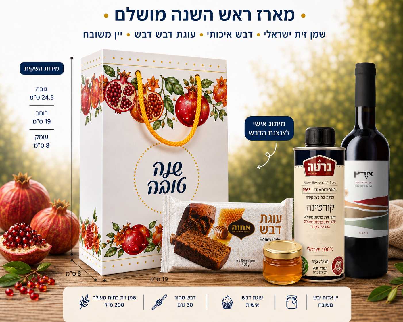מארז ראש השנה מושלם – יין, שמן זית, עוגת דבש ודבש בשקית חג יוקרתית