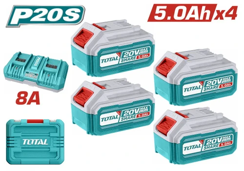 סט מקצועי במזוודה 4 סוללות 20V 5Ah ומטען כפול 8A מסדרת P20S דגם TFBCLI20285E TOTAL