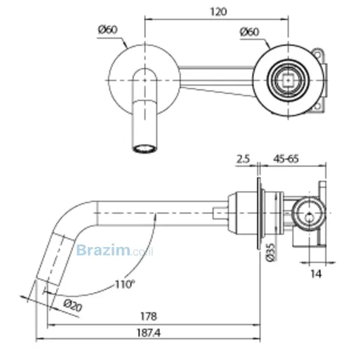 שרטוט מידות של ברז קיר אורבן עגול רוז מט MP דגם MP1026RG-046 מבית MP מיובי.