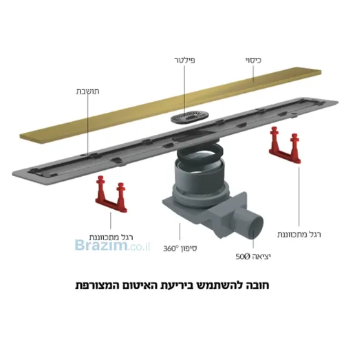 שרטוט מידות של תעלת ניקוז FRAMELESS גולד מט 65 סמ דגם FRLS-1231CB מבית מיובי.