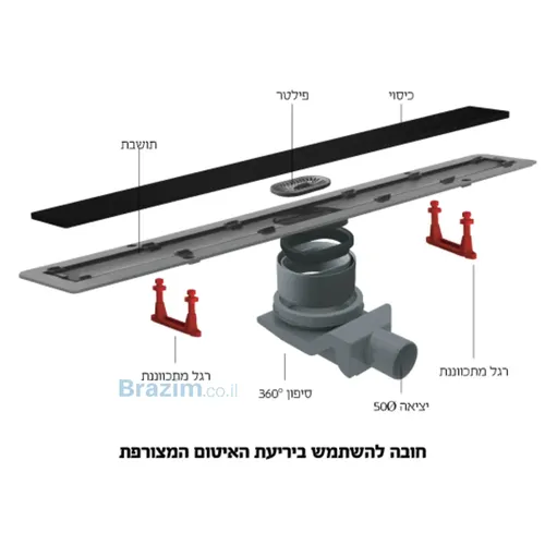 שרטוט מידות של תעלת ניקוז FRAMELESS שחור מט 65 סמ דגם FRLS-1231MB מבית מיובי.
