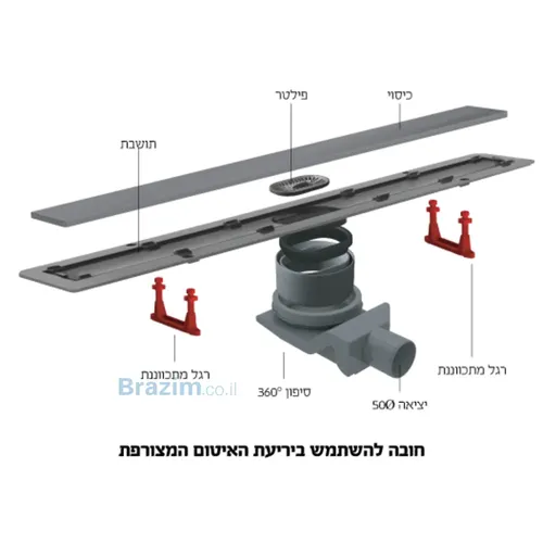 שרטוט מידות של תעלת ניקוז FRAMELESS סילבר מטאל 65 סמ דגם FRLS-1231MG מבית מיובי.