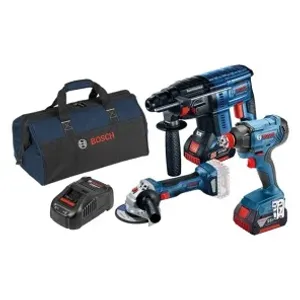 סט 18V אימפקט + משחזת זווית + פטישון + שתי סוללות 5AH BOSCH