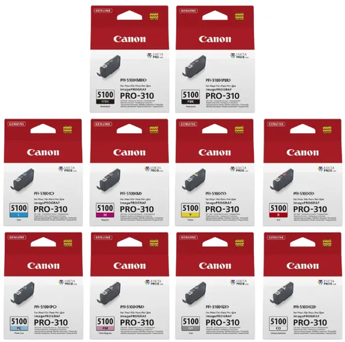 סט 10 ראשיו דיו מקוריים Canon PFI-5100M/R/C/GY/PC/CO/PM/Y/MBK/PBK