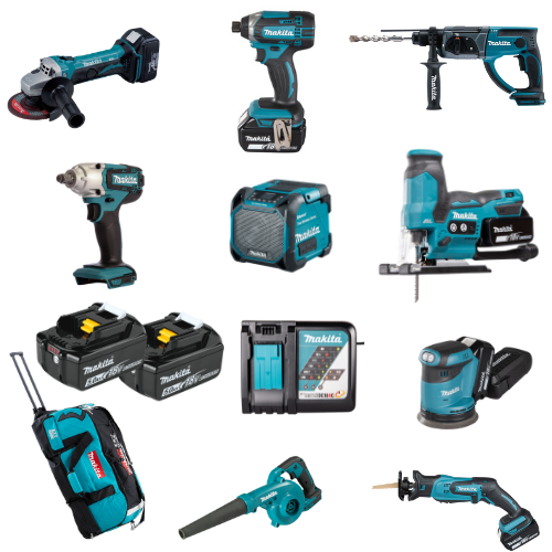 באנדל Makita 18V כולל 9 כלים נטענים, 2 סוללות 5Ah, מטען מהיר, תיק מקיטה ומתנות
