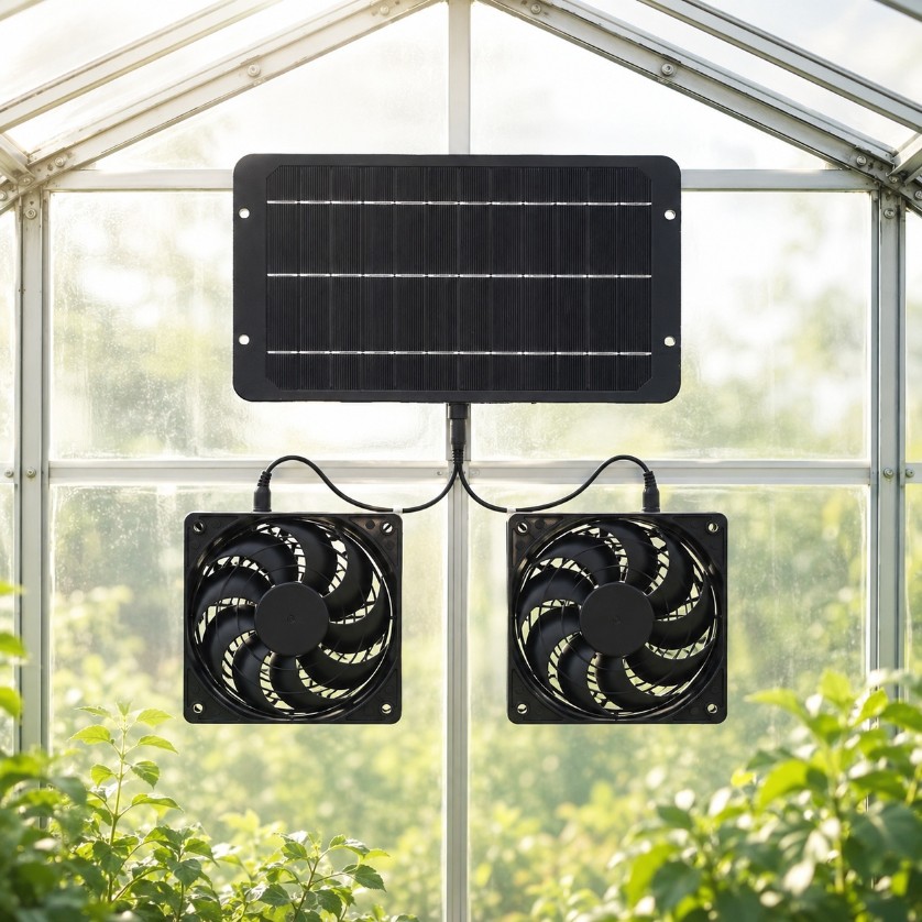 מאוורר סולארי כפול 12V עם פאנל סולארי 10W לחממות, לולים ומחסנים
