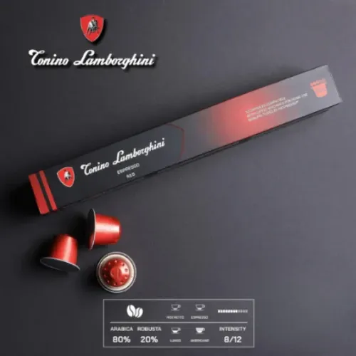 קפסולות קפה Tonino Lamborghini Red תואמות Nespresso עם תערובת 80 אחוז ערביקה ו-20 אחוז רובוסטה בעוצמה 8 מתוך 12