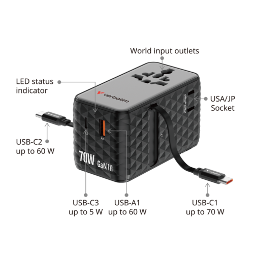 מתאם נסיעות Verbatim 70W GaN III Travel Adapter Black 30186 ורבטים