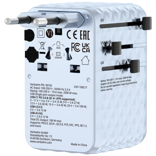 מתאם נסיעות Verbatim 100W GaN III Travel Adapter Blue 30192 ורבטים