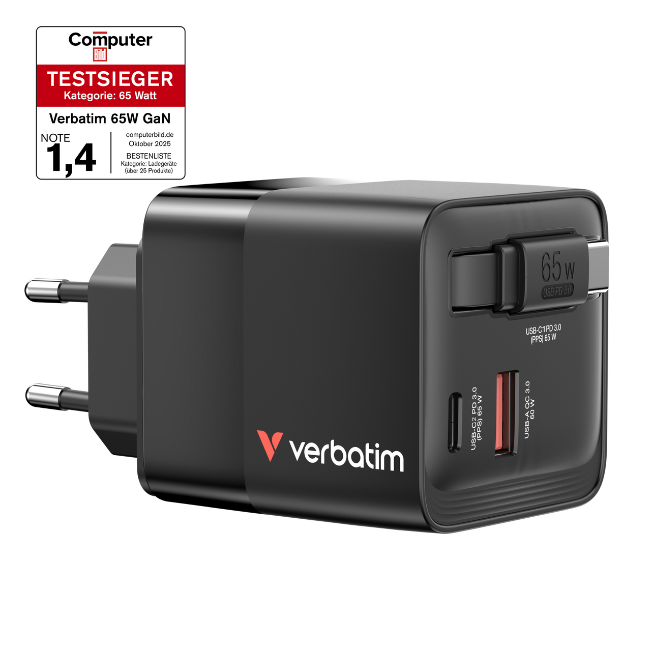 מטען Verbatim GaN Wall Charger 65W 2 Port 32217 ורבטים