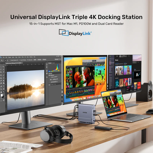  D1135A - תחנת עגינה אוניברסלית DisplayLink לשלושה מסכי UNITEK 4K 