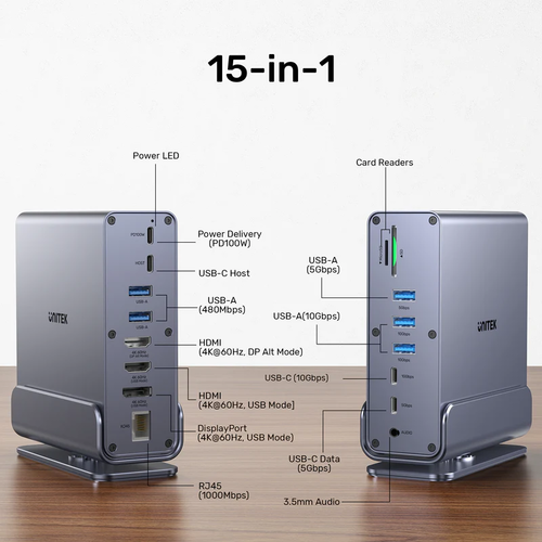  D1135A - תחנת עגינה אוניברסלית DisplayLink לשלושה מסכי UNITEK 4K 
