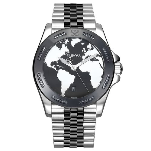 שעון יד לגבר EMBOSS Save The Planet יהלומים כסוף-שחור שיבוץ גלגל EYSPMASBBM2046 – שעוני גברים EMBOSS