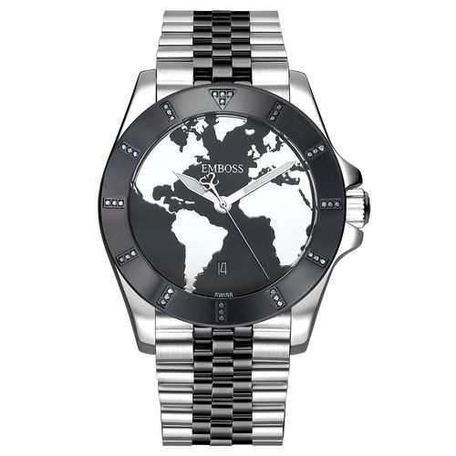 שעון יד לגבר EMBOSS Save The Planet יהלומים כסוף-שחור שיבוץ שמש EYSPMASBBM2037 – שעוני גברים EMBOSS