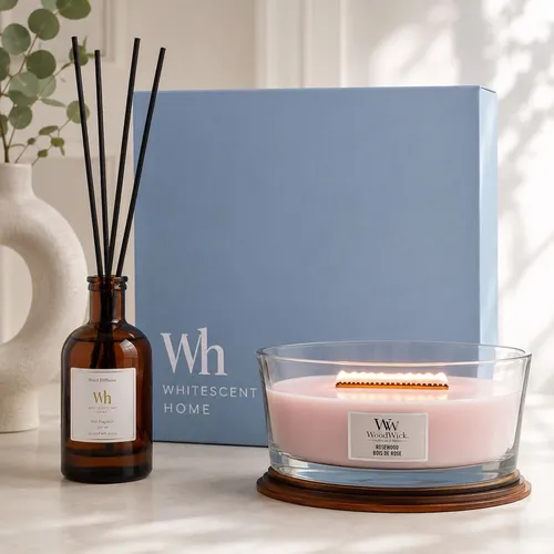 Luxury Box – מארז מתנה יוקרתי עם נר WoodWick ומפיץ ריח WhiteScent Home