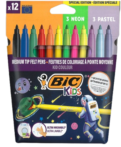 מארז 12 טושים דקים פסטליים וזרחניים/ BIC