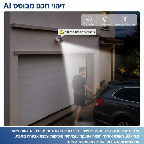 מצלמת אבטחה סולארית אלחוטית 4MP עם Wi-Fi, ראיית לילה וזיהוי AI