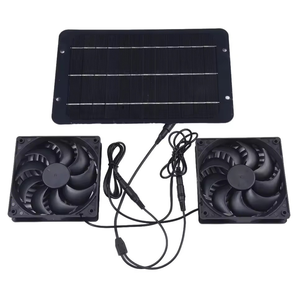 מאוורר סולארי כפול 12V עם פאנל 10W - לחממות, לולים ומחסנים