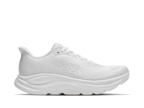 נעלי ריצה HOKA Clifton 11 Wide לנשים HOK308W-WWH בלבן מלא - מבט צד על סוליה גבוהה וחלק עליון מרשת מהונדסת ברוחב D