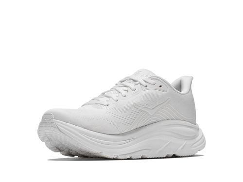 נעלי ריצה HOKA Clifton 11 Wide לנשים HOK308W-WWH בלבן מלא - מבט צד על סוליה גבוהה וחלק עליון מרשת מהונדסת ברוחב D - מבט מלפנים