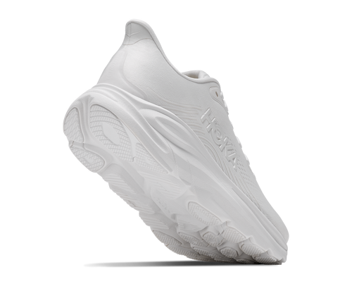 נעלי ריצה HOKA Clifton 11 Wide לנשים HOK308W-WWH בלבן מלא - מבט צד על סוליה גבוהה וחלק עליון מרשת מהונדסת ברוחב D - מבט מאחור