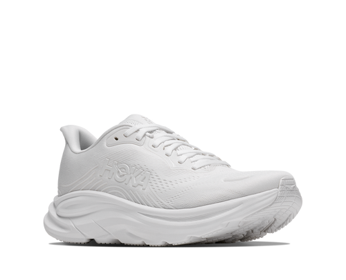 נעלי ריצה HOKA Clifton 11 Wide לנשים HOK308W-WWH בלבן מלא - מבט צד על סוליה גבוהה וחלק עליון מרשת מהונדסת ברוחב D - בשימוש