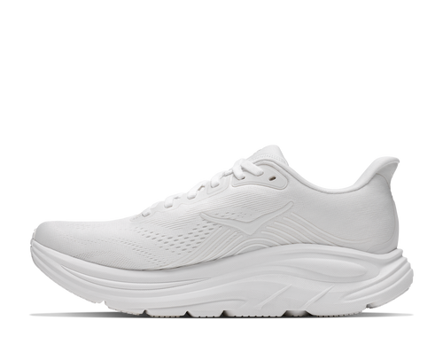 נעלי ריצה HOKA Clifton 11 Wide לנשים HOK308W-WWH בלבן מלא - מבט צד על סוליה גבוהה וחלק עליון מרשת מהונדסת ברוחב D - פרטי מוצר