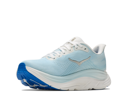נעלי ריצה HOKA Clifton 11 Wide לנשים HOK308W-FMM בגוון פרוסט/כחול נוצץ - מבט צד על סוליה גבוהה ברוחב D לריצת כביש - מבט מלפנים