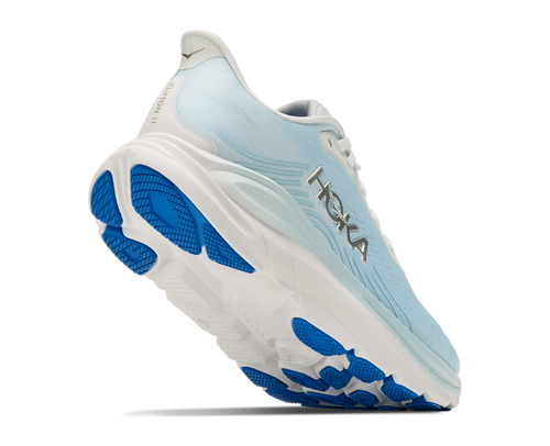 נעלי ריצה HOKA Clifton 11 Wide לנשים HOK308W-FMM בגוון פרוסט/כחול נוצץ - מבט צד על סוליה גבוהה ברוחב D לריצת כביש - מבט מאחור
