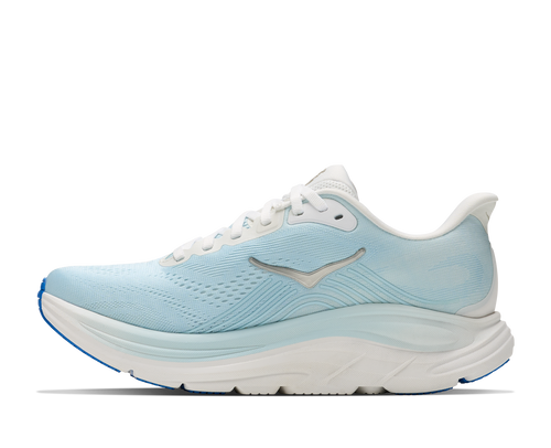 נעלי ריצה HOKA Clifton 11 Wide לנשים HOK308W-FMM בגוון פרוסט/כחול נוצץ - מבט צד על סוליה גבוהה ברוחב D לריצת כביש - פרטי מוצר