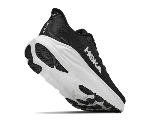 נעלי ריצה HOKA Clifton 11 Wide לנשים HOK308W-BWHT בגוון שחור/לבן - מבט צד על סוליה לבנה גבוהה ורשת מהונדסת ברוחב D - מבט מאחור