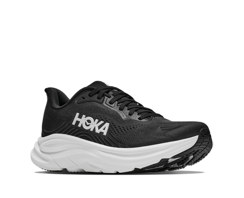 נעלי ריצה HOKA Clifton 11 Wide לנשים HOK308W-BWHT בגוון שחור/לבן - מבט צד על סוליה לבנה גבוהה ורשת מהונדסת ברוחב D - בשימוש