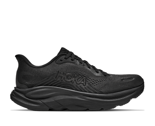 נעלי ריצה HOKA Clifton 11 Wide לנשים HOK308W-BBLC בשחור מלא - מבט צד על סוליה גבוהה ורשת מהונדסת ברוחב D לריצת כביש